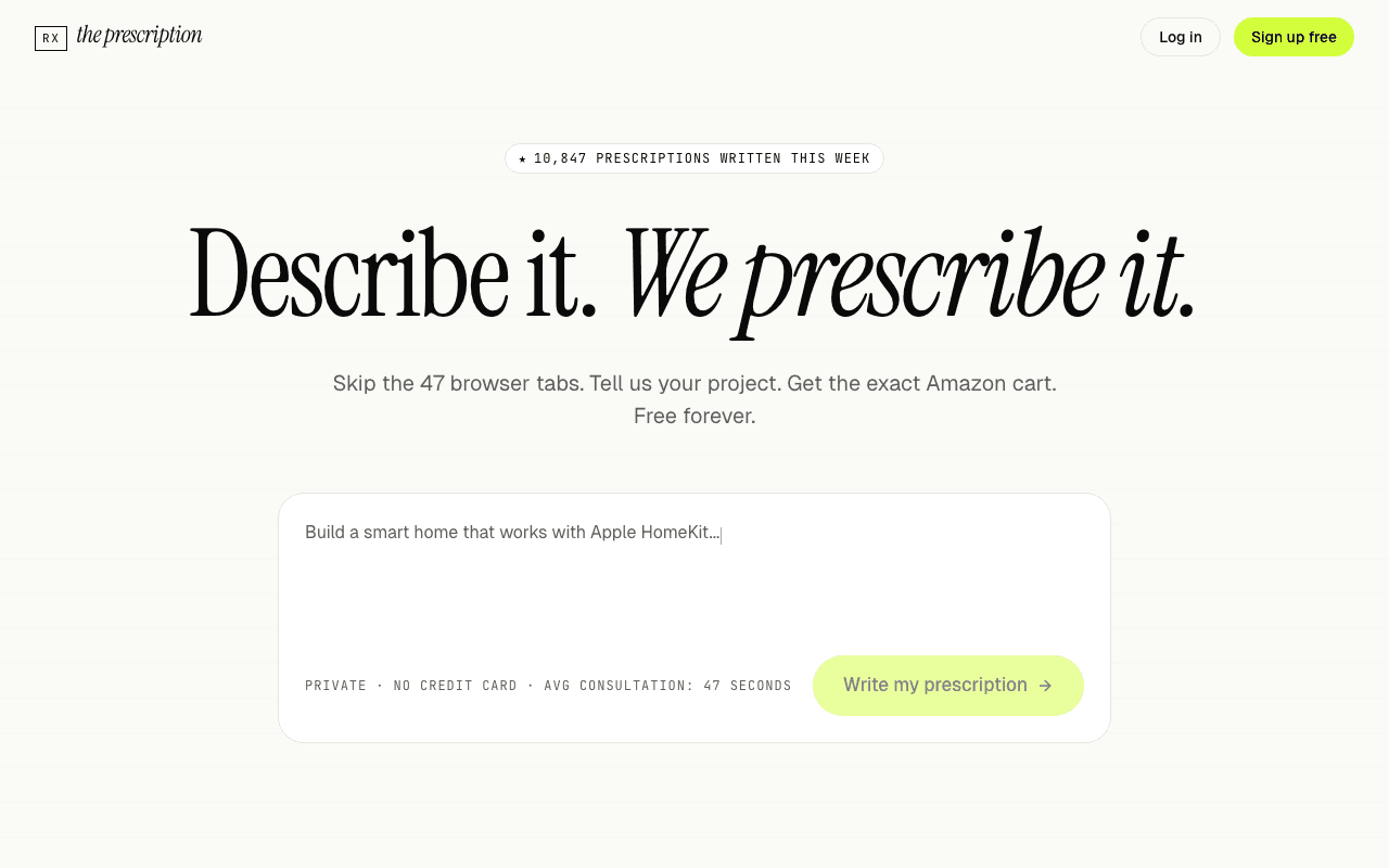 The Prescription homepage — type your project into the input